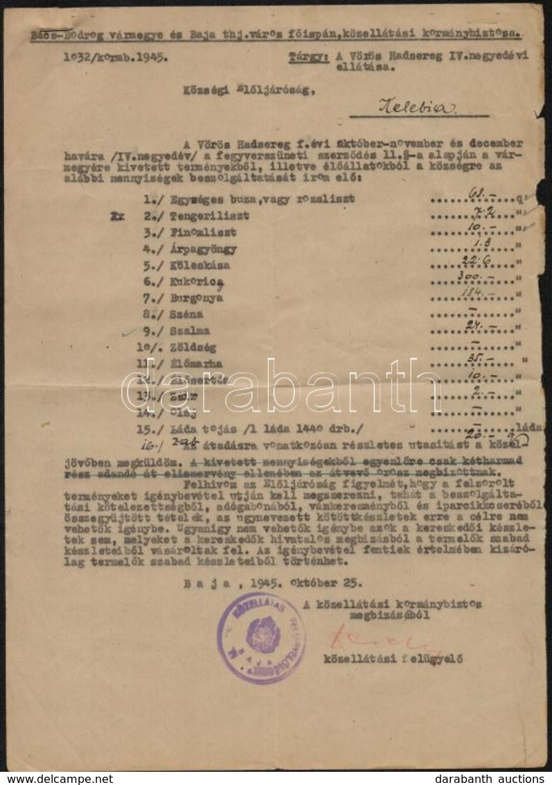 1945 A Vörös Hadsereg Ellátására Beszolgáltatást El?író Kormánybiztosi Határozat Kelebia Város Részére - Unclassified