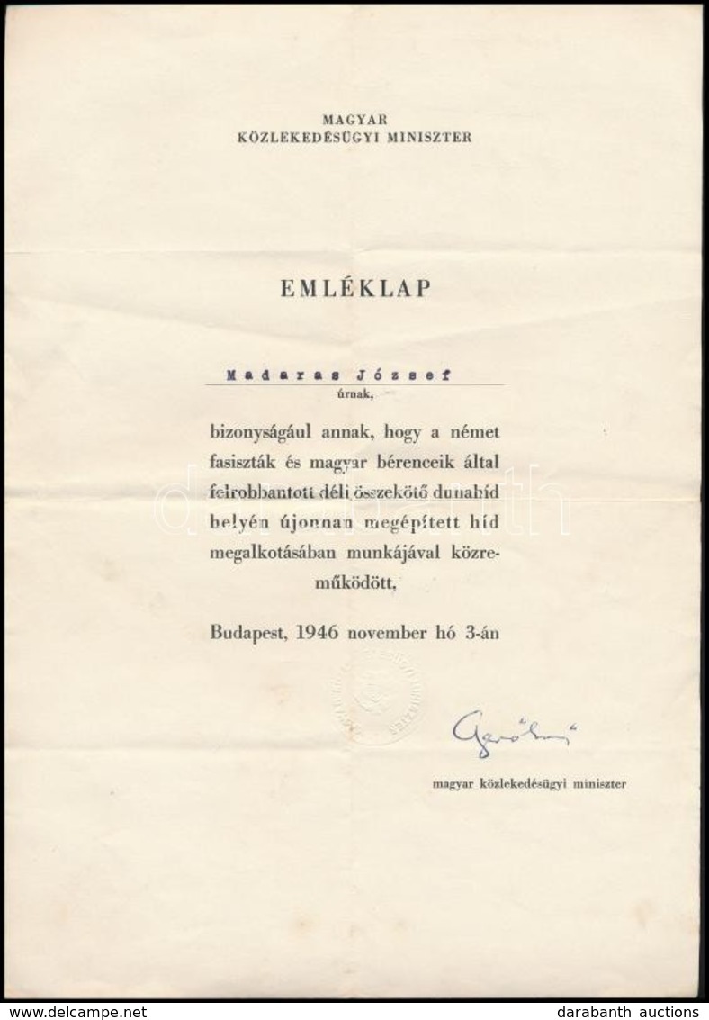 1946 Budapest, Hídépít? Emléklap, Ger? Ern? Aláírásával - Unclassified