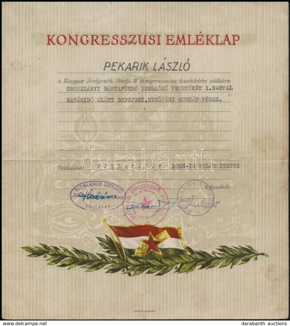 1954 Kongresszusi Felajánlási Emléklap - Unclassified