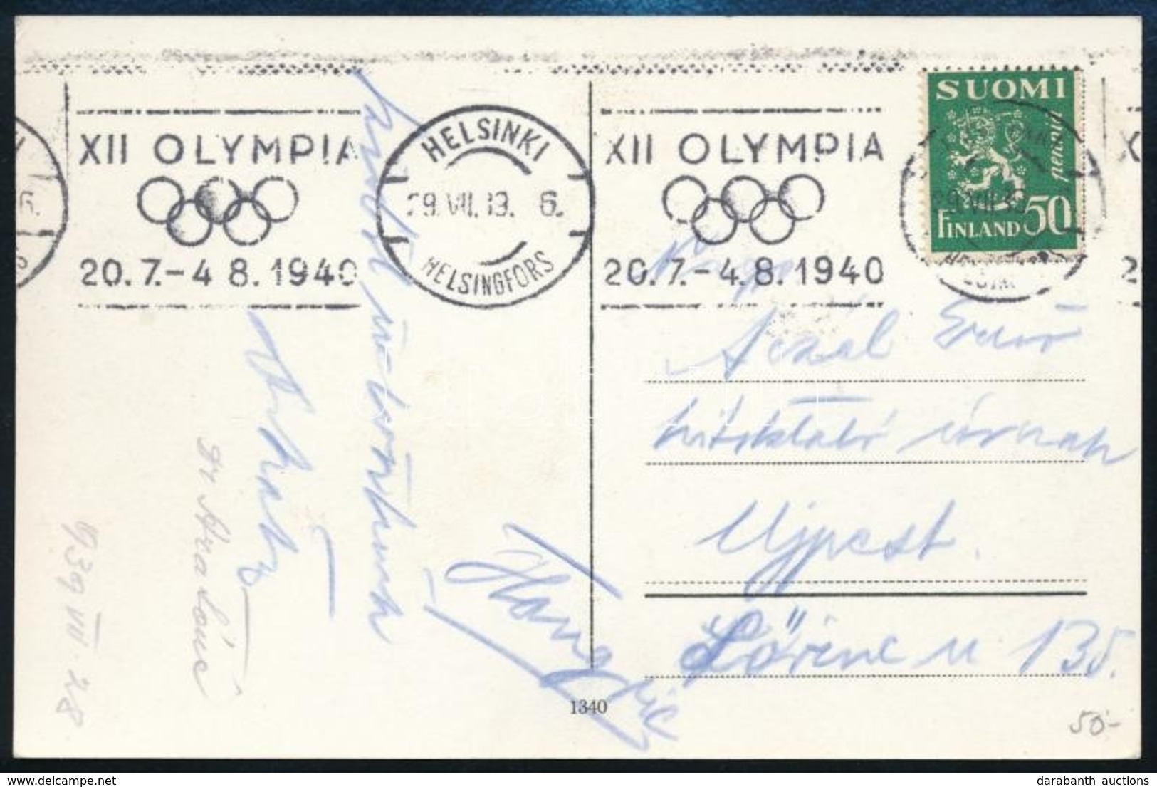 1940 Az Elmaradt Helsinki Olimpia Alkalmi Bélyegzésével Ellátott Képeslap Hazaküldve - Unclassified