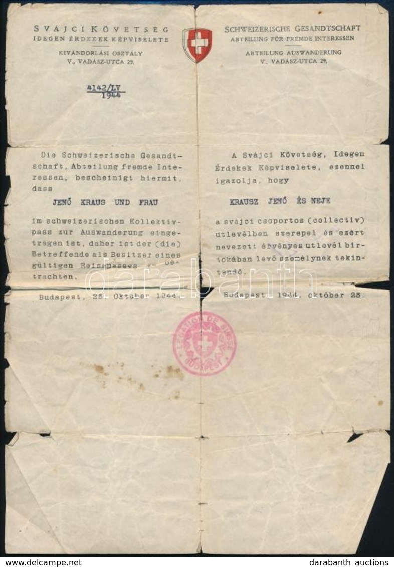 1944 A Svájci Nagykövetség Menlevele Magyar Zsidó Személy Részére.Megviselt. / Embassy Of Switzerland. Schutzpass For Hu - Other & Unclassified
