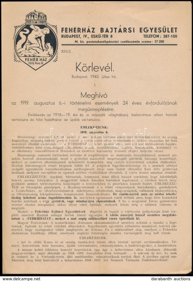 1943 Fehérház Bajtársi Egyesület Körlevele + Levele - Other & Unclassified