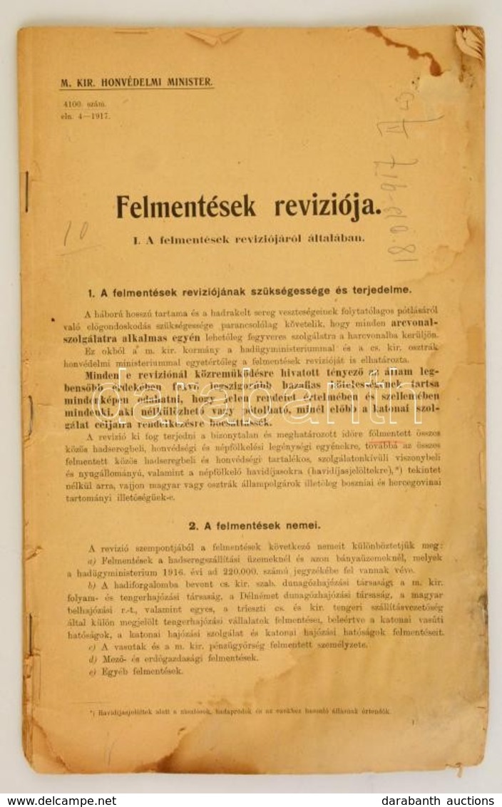 1917. A M. Kir. Honvédelmi Minister Rendelete: Felmentések Revíziója. 63 Oldalas Rendelet A Katonai Szolgálat Alól Felme - Other & Unclassified