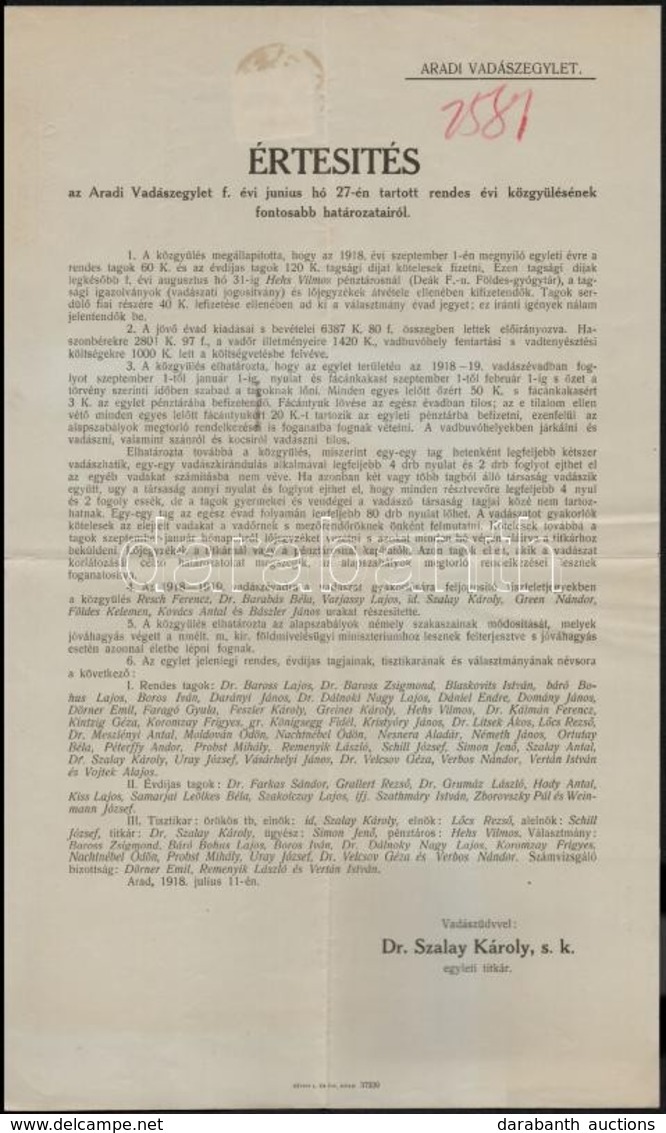 1918 Arad, Értesítés Az Aradi Vadászegylet évi Közgy?lésének Fontosabb Határozatairól - Non Classificati