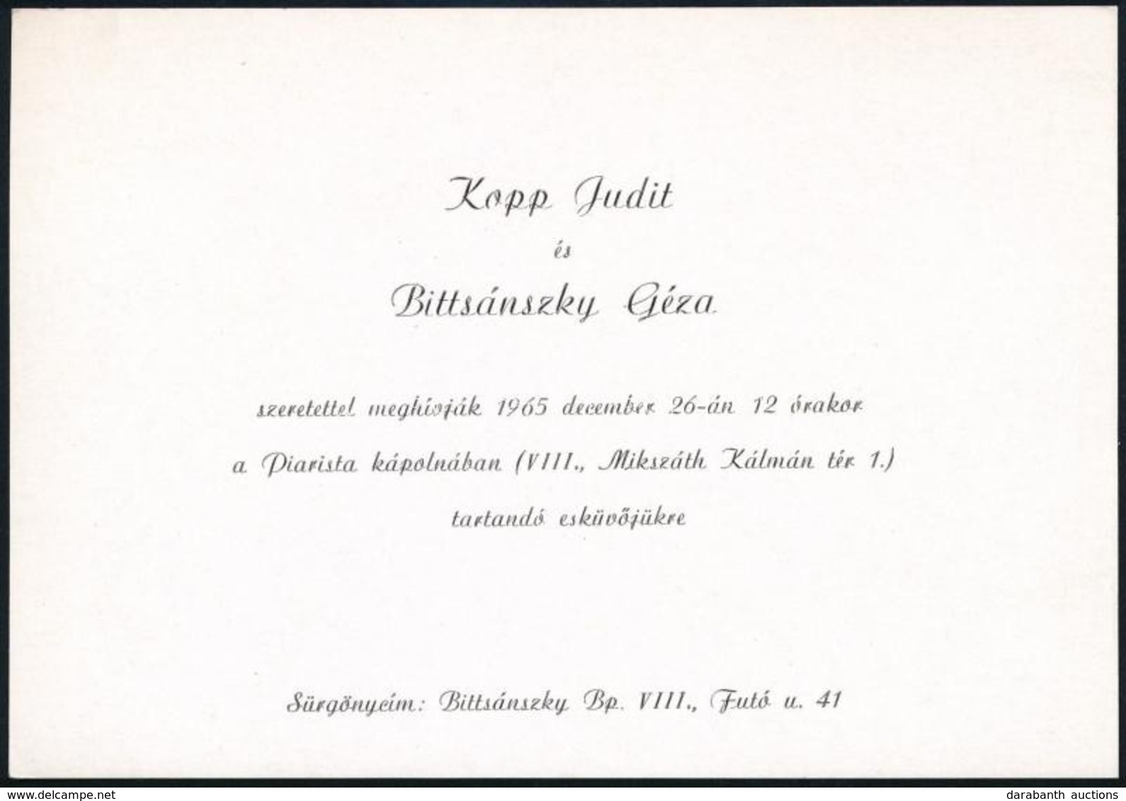 1965-1995 Kopp Judit (1943-1995) Molnár C. Pál Díjas Szobrász M?vész Halálozási értesít?je, és Esküv?i Meghívója Bittsán - Unclassified
