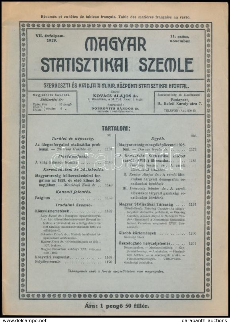 1929 Magyar Statisztikai Szemle VII. évf. 11. Sz. 1929. November. Szerk.: M. Kir. Központi Statisztikai Hivatal, Dr. Dob - Unclassified