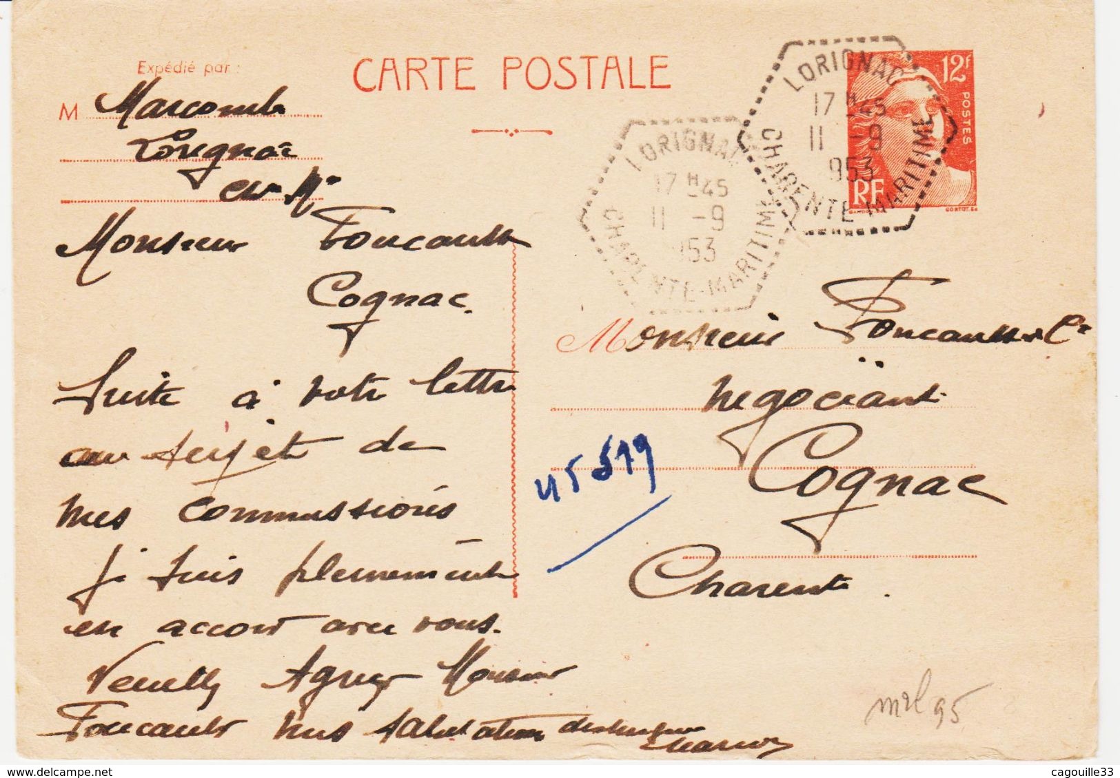 France, De Lorignac , Agence Postale De Charente Maritime En 1953 Sur 12 F Gandon   TB - Cartes Postales Types Et TSC (avant 1995)