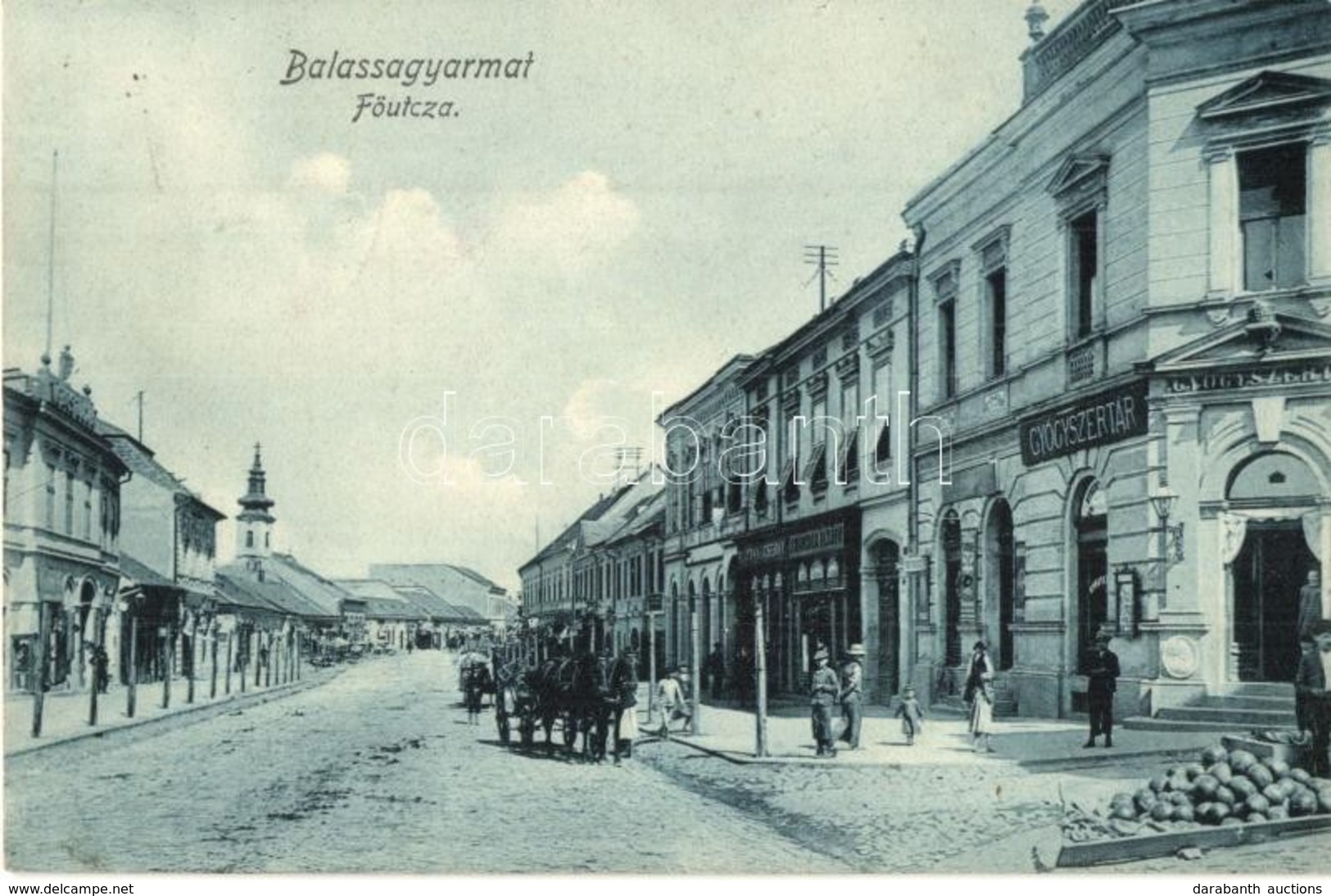 T2 1909 Balassagyarmat, F? Utca, Gyógyszertár, Görögdinnye árus, Platthy és Cserny üzlete - Unclassified