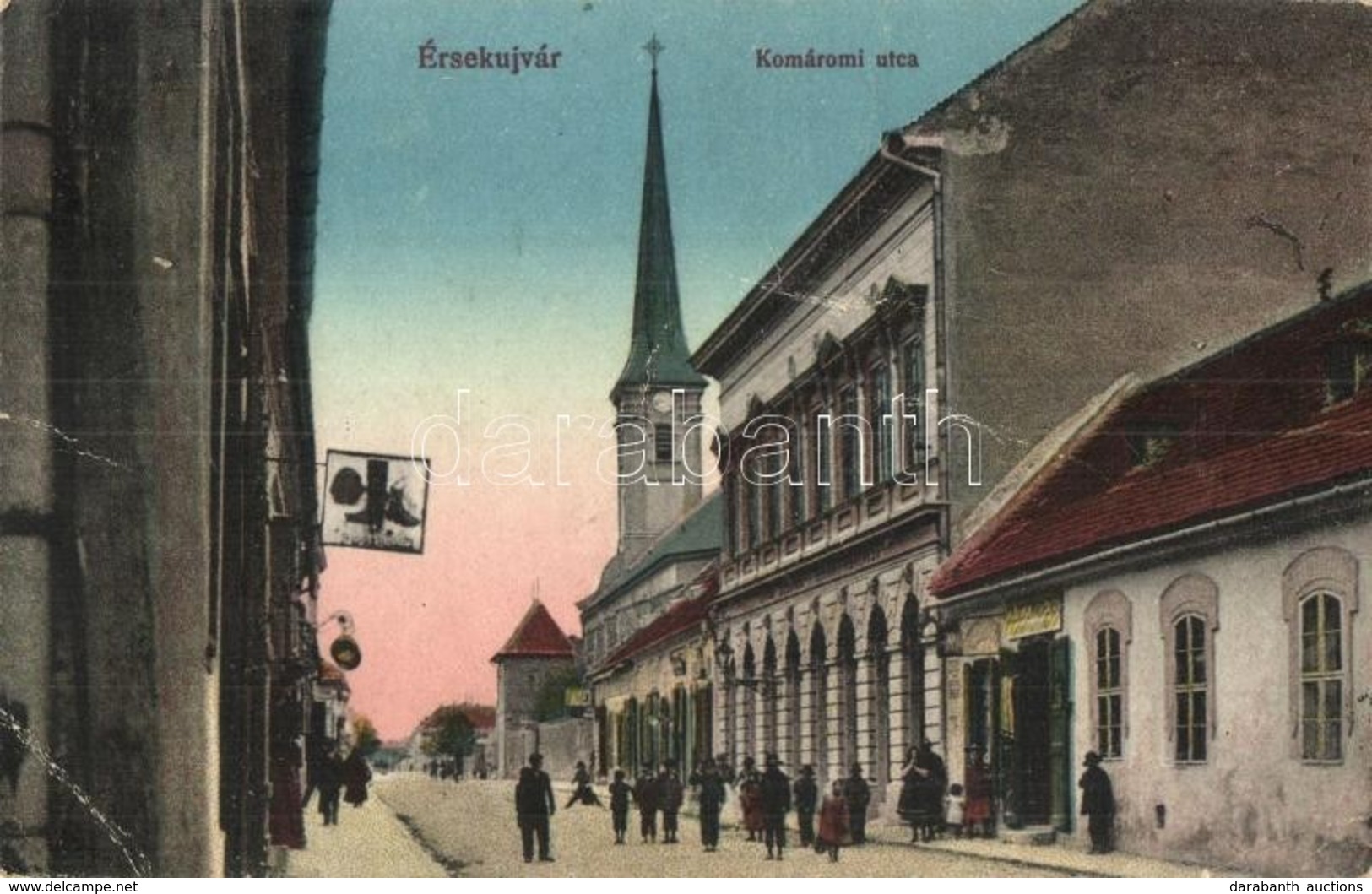 T2/T3 Érsekújvár, Nové Zamky; Komáromi Utca, Templom, üzletek / Street View, Church, Shops (EK) - Unclassified