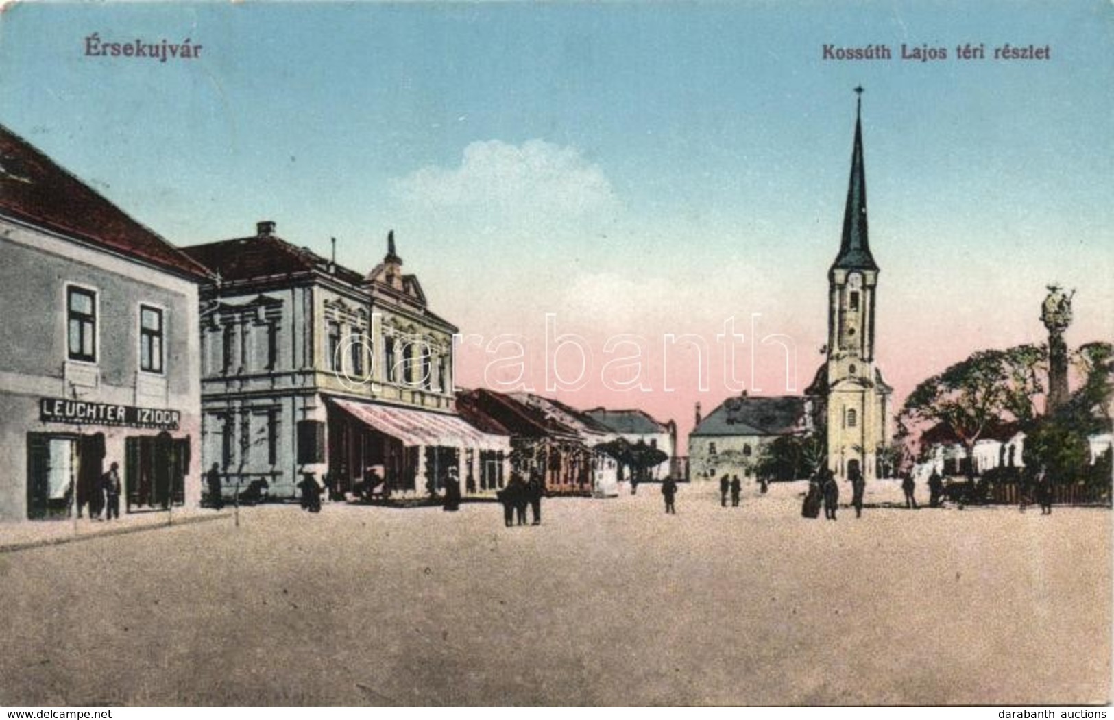 T2 Érsekújvár, Nové Zámky; Kossuth Lajos Tér, Templom, Leuchter Izidor üzlete / Square, Church, Shops - Unclassified