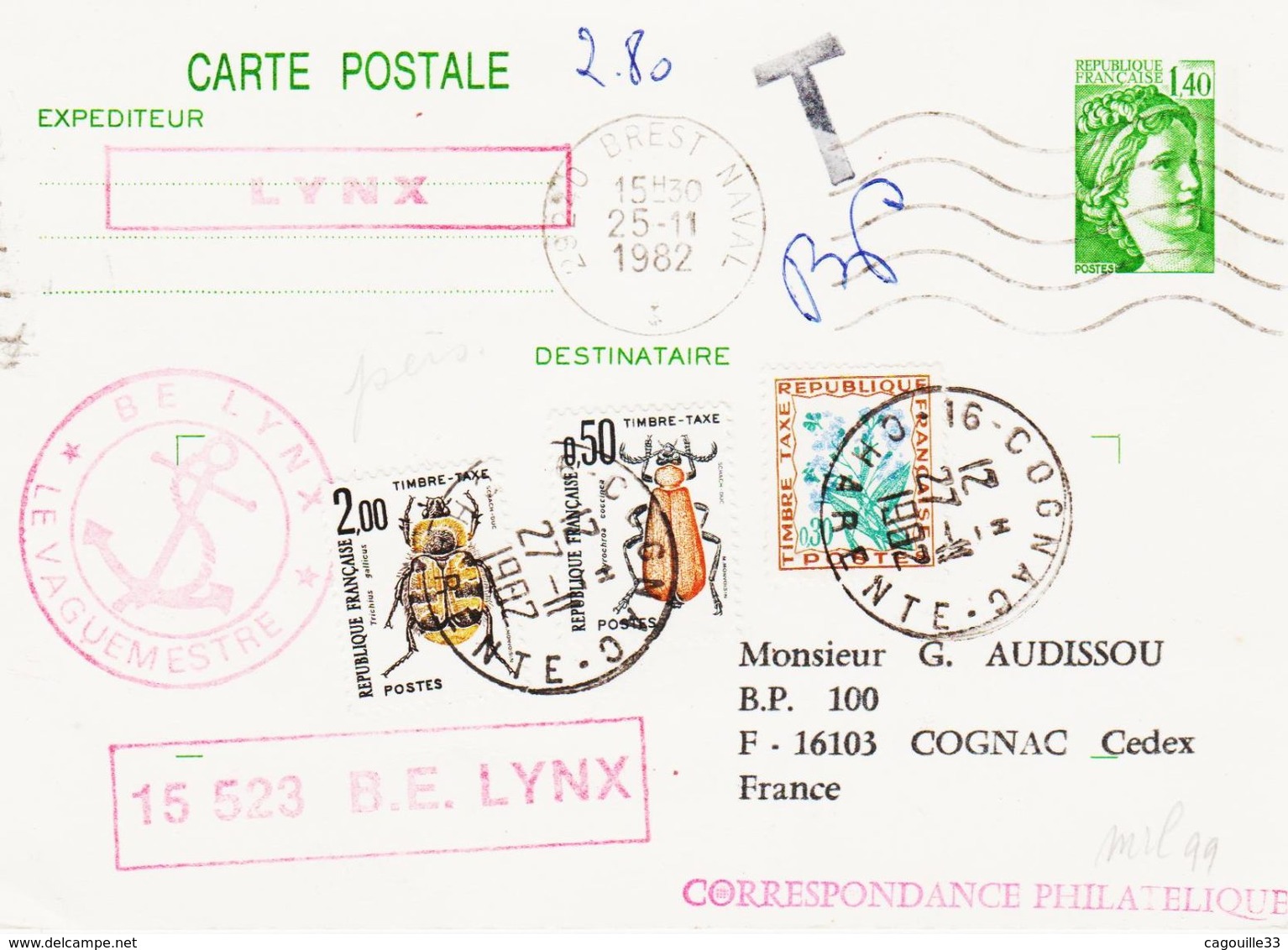 France, Taxes Insectes  Sur Document Entier Issu De Brest Naval En 1982..  TB - 1960-.... Covers & Documents