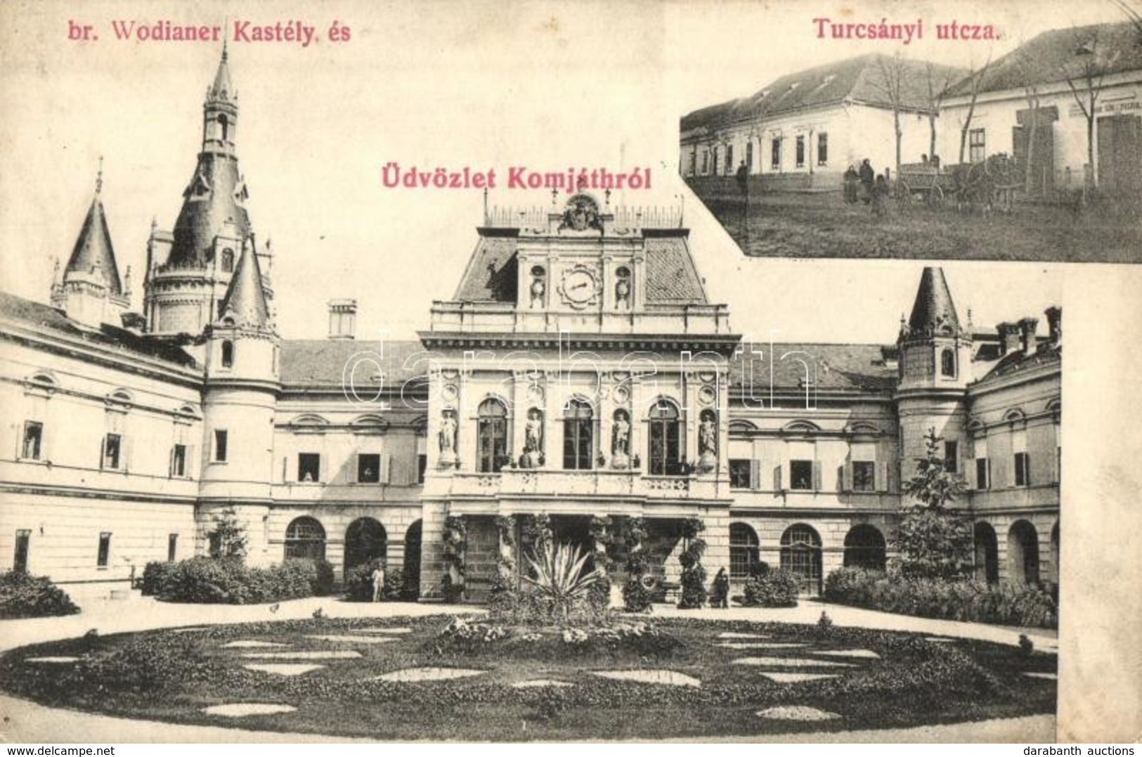 T2/T3 1910 Komját, Komjatice; Báró Wodianer Kastély, Turcsányi Utca, üzlet / Castle, Shop, Street (EB) - Unclassified