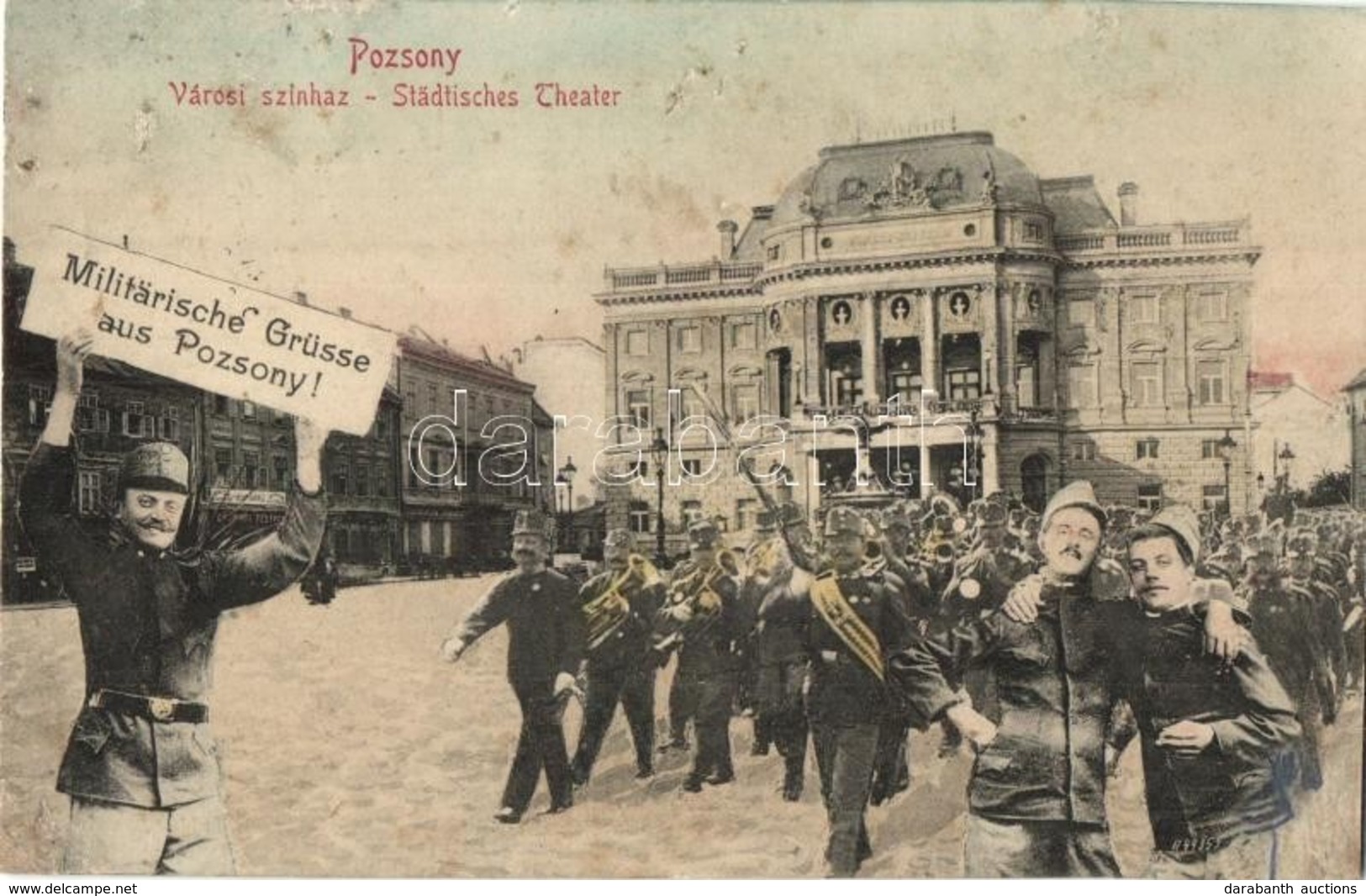 T3 ~1907 Pozsony, Pressburg, Bratislava; Városi Színház. Montázslap Katonai üdvözlettel / Städtisches Theater. Militäris - Non Classés