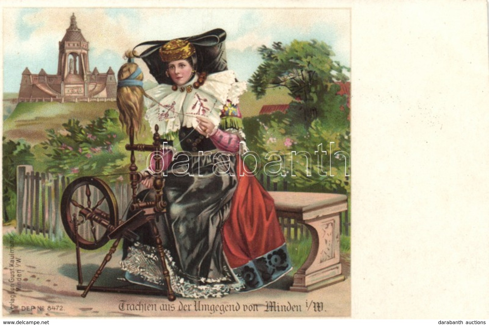 ** T3 Minden, Trachten Aus Der Umgegend / Folklore, Spinning Woman. Gust. Kaulmann Litho (cut) - Zonder Classificatie