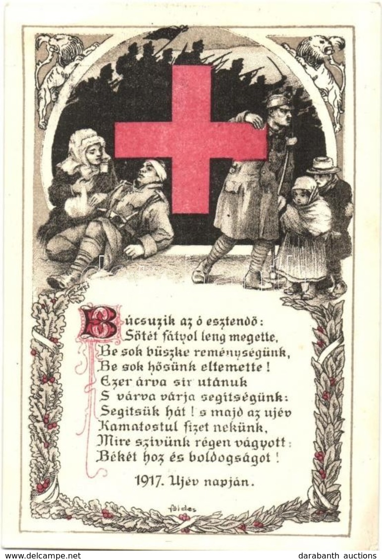 ** T2/T3 1917 Búcsúzik Az ó Esztend?... Újév Napján / WWI K.u.K. Military Red Cross Art Postcard S: Földes (non PC) (EK) - Unclassified