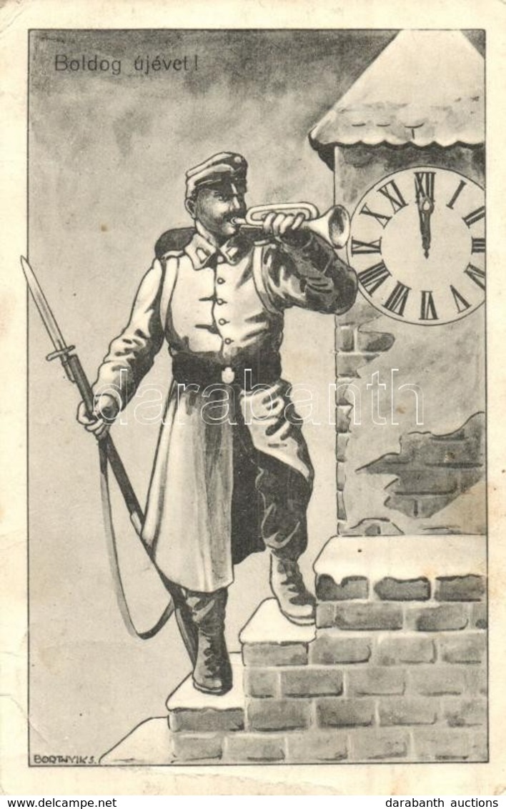 T2/T3 Boldog Újévet! / WWI K.u.K. Military New Year Greeting Art Postcard S: Bortnyik Sándor (EB) - Unclassified