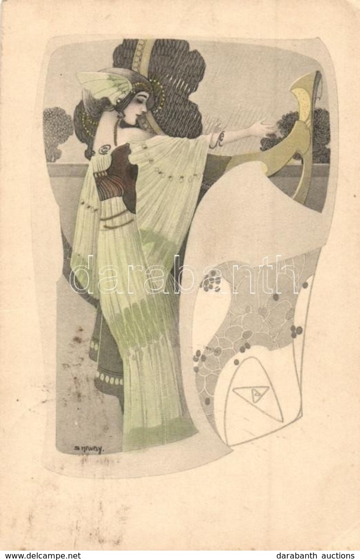 T2/T3 1908 Art Nouveau Lady Playing On The Harp. Déposé Serie 203. S: S. Hauby  (EK) - Unclassified