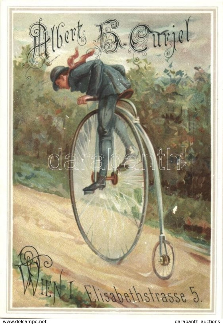 ** T3 Vienna, Wien; Elisabethstrasse 5., Albert H. Curjel Bicycle Advertisement Postcard, Penny-farthing. Litho (r) - Non Classés