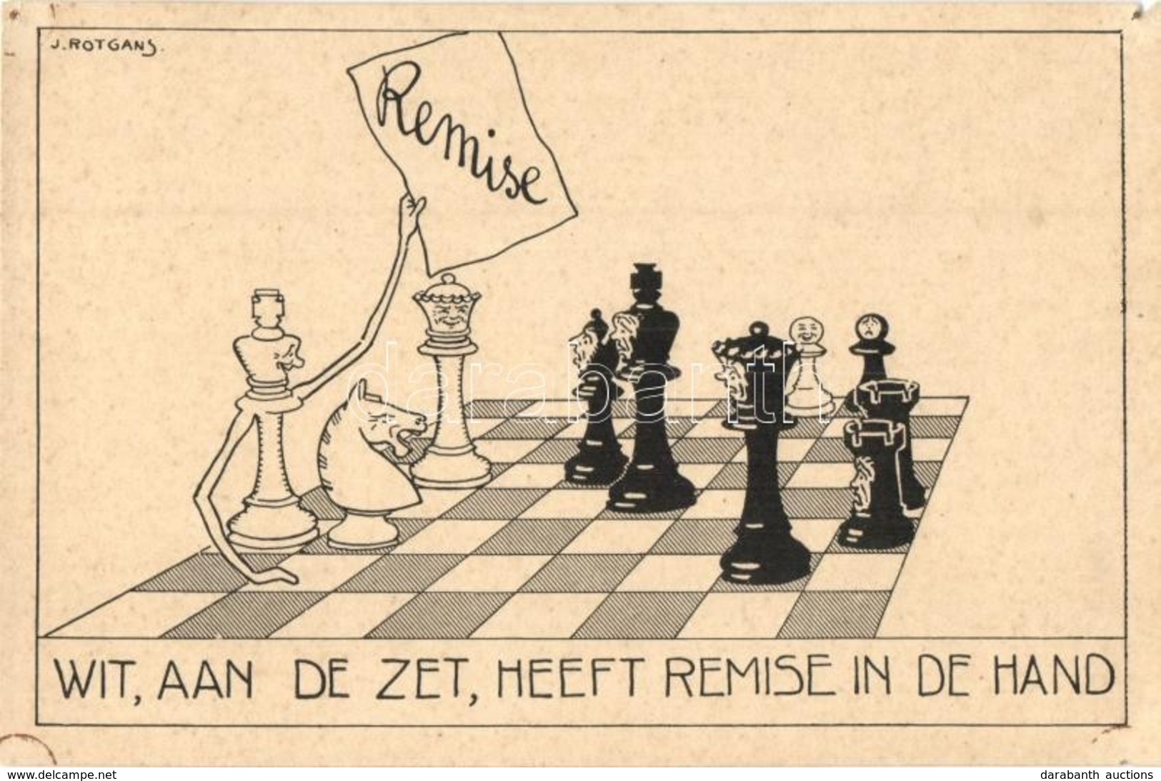 ** T4 Wit, Aan De Zet, Heeft Remise In De Hand  / Dutch Chess Art Postcard, Humor. S: J. Rotgans (apró Lyuk / Tiny Hole) - Unclassified