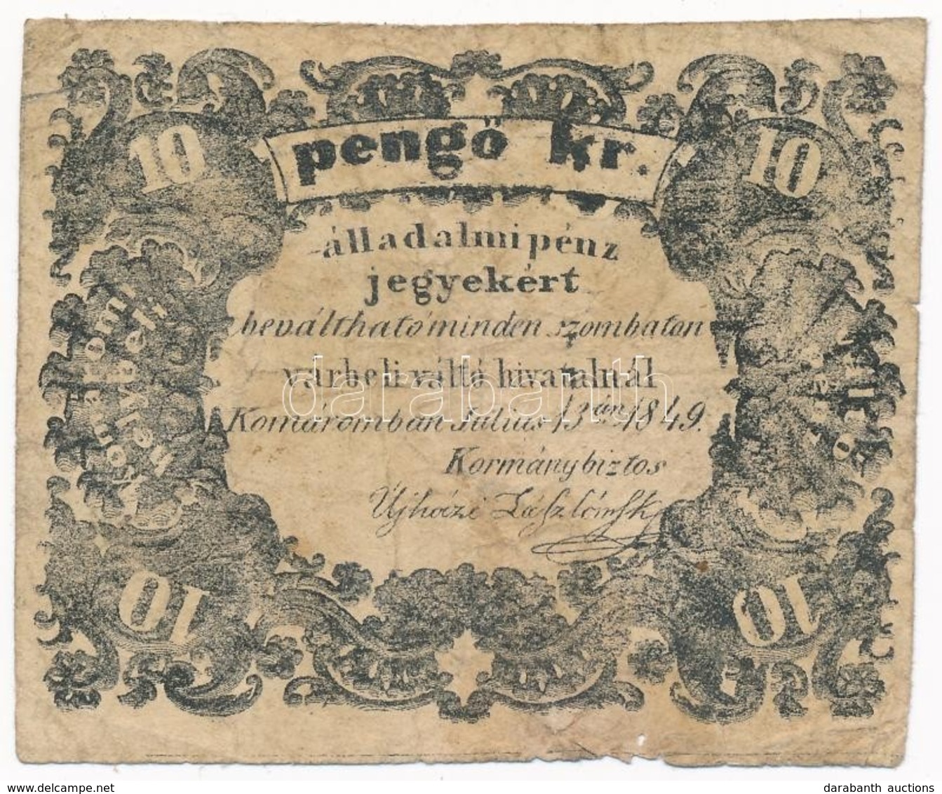 Komárom 1849. 10kr 3mm-es Bet?kkel T:III-
Hungary / Komárom 1849. 10 Kreuzer 3mm Wide Letters C:VG
Adamo KOM-3.2.1 - Unclassified