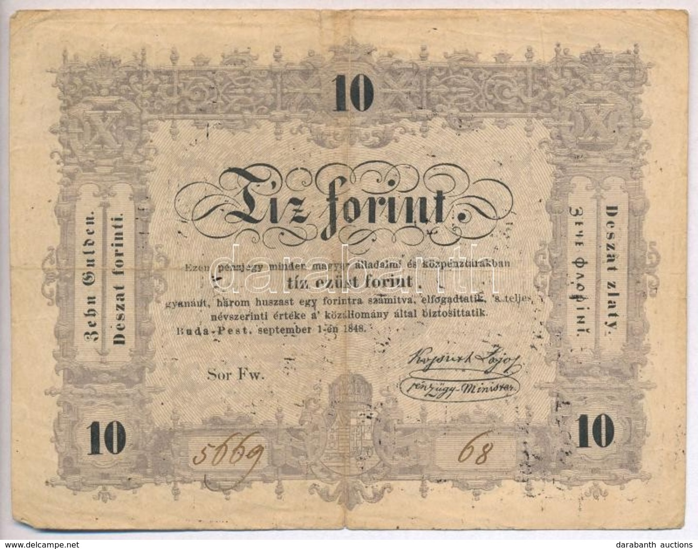 1848. 10Ft 'Kossuth Bankó' T:III,III- 
Adamo G111 - Unclassified