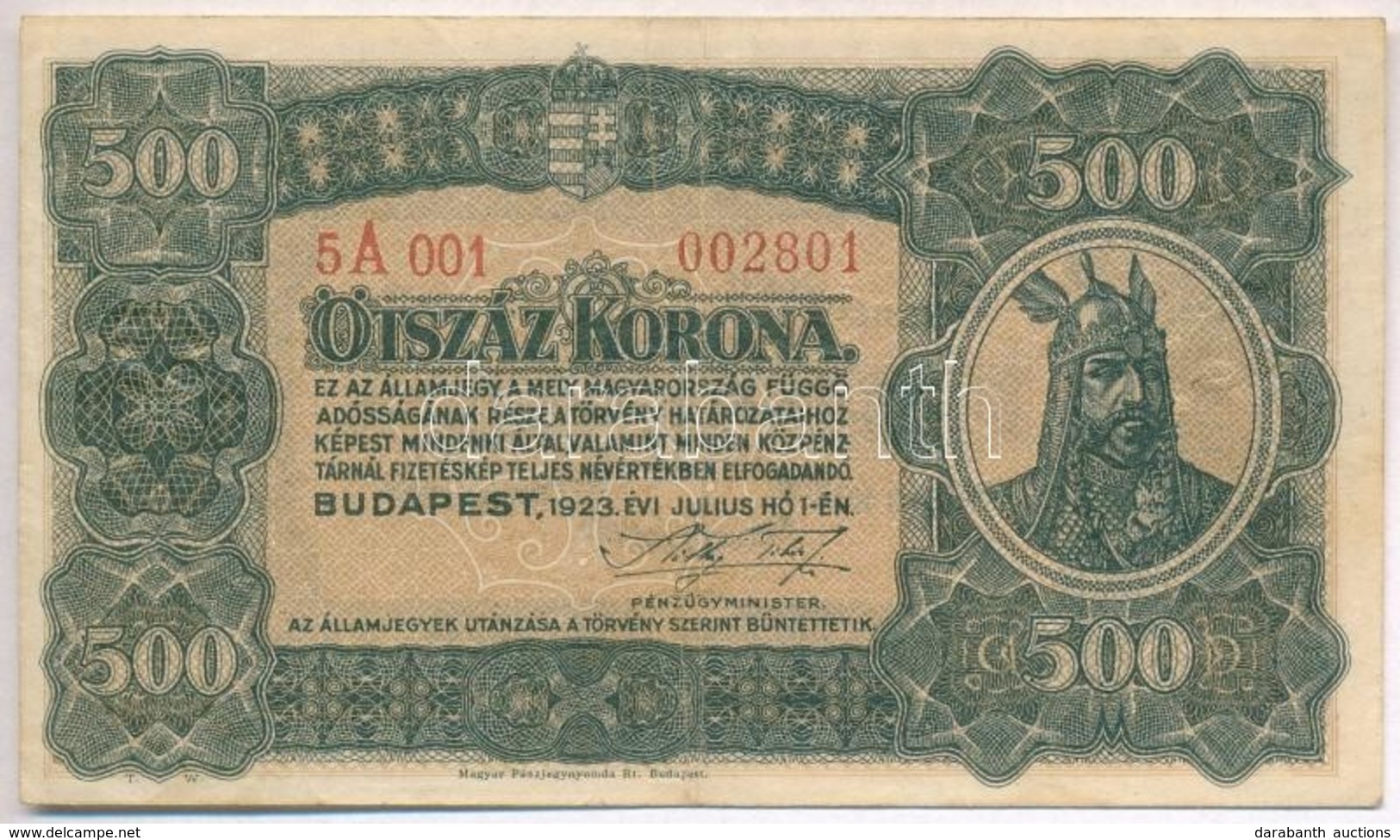 1923. 500K 'Magyar Pénzjegynyomda Rt. Budapest' Nyomdahely Jelöléssel T:III - Unclassified