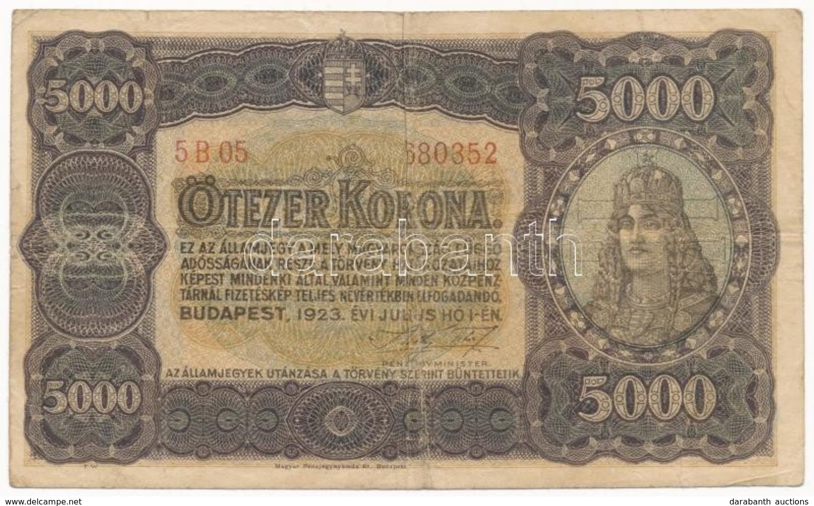 1923. 5000K 'Magyar Pénzjegynyomda Rt. Budapest' T:III,III-
Adamo K39 - Unclassified