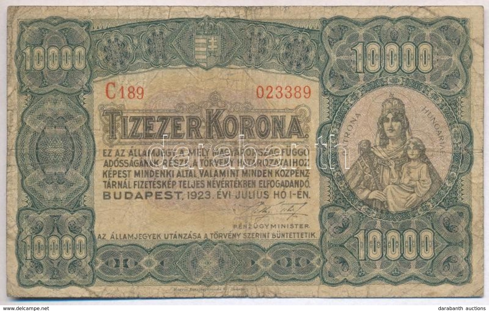 1923. 10.000K 'Magyar Pénzjegynyomda Rt. Budapest' T:III- - Unclassified