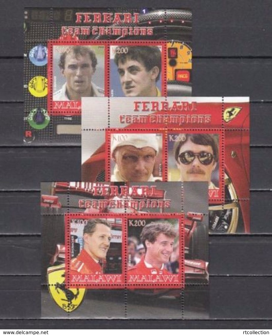 Malawi 2008 - 3 M/S Cinderella Issue Stamps Ferrari Team F1 Champions Formula 1 Famous People Sports Car Sporters MNH - Other & Unclassified