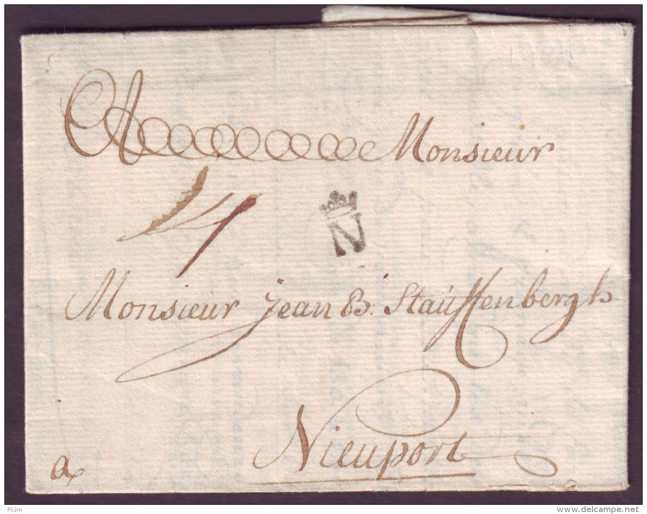 LOIRE INFERIEURE - LAC - NANTES - N (couronné) L2 (1725) + Taxe 14 Pour Nieuport (Pays Bas, Belgique) - 1701-1800: Précurseurs XVIII