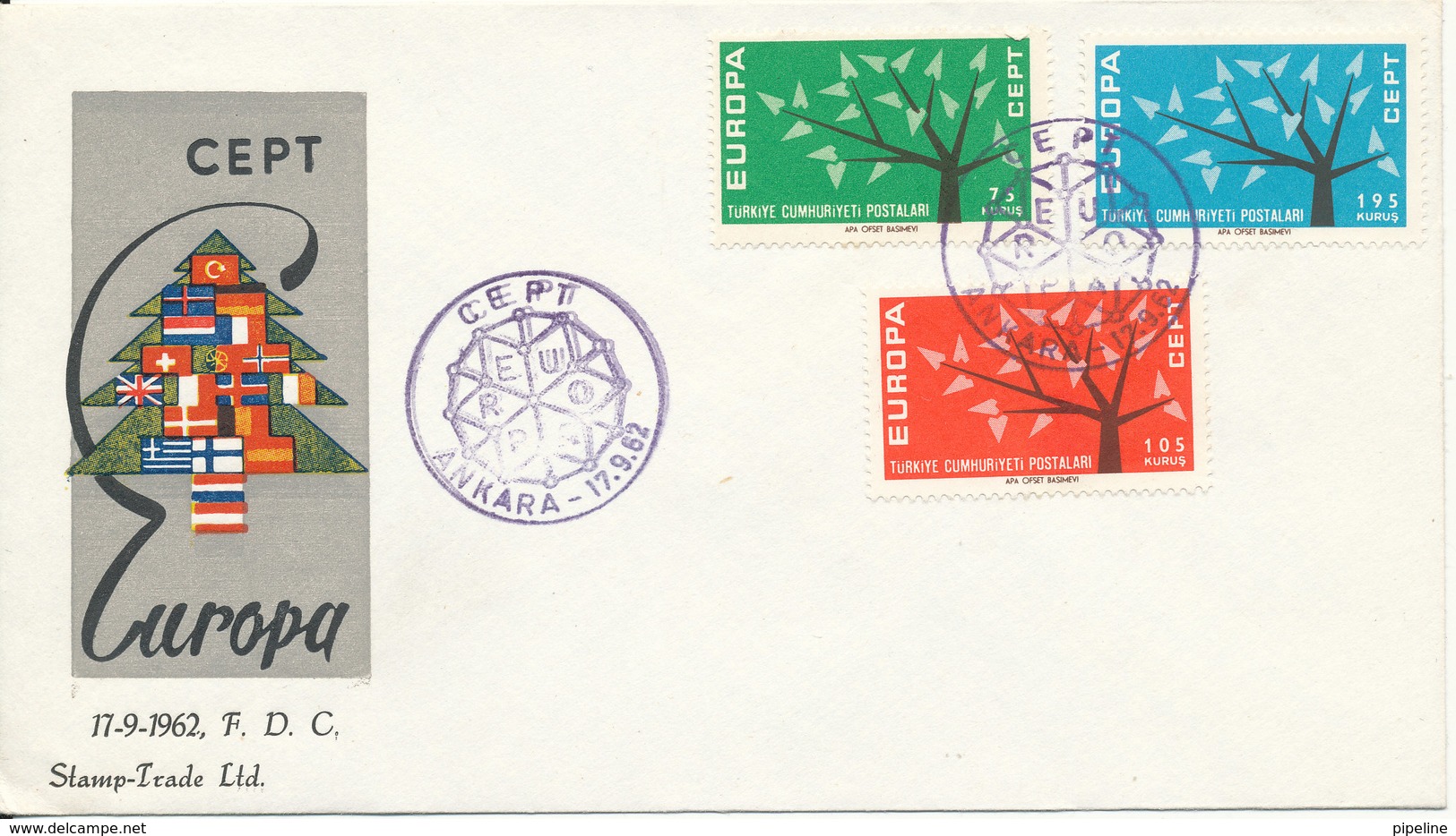 Turkey FDC 17-9-1962 EUROPA CEPT Complete Set Of 3 With Cachet - 1962