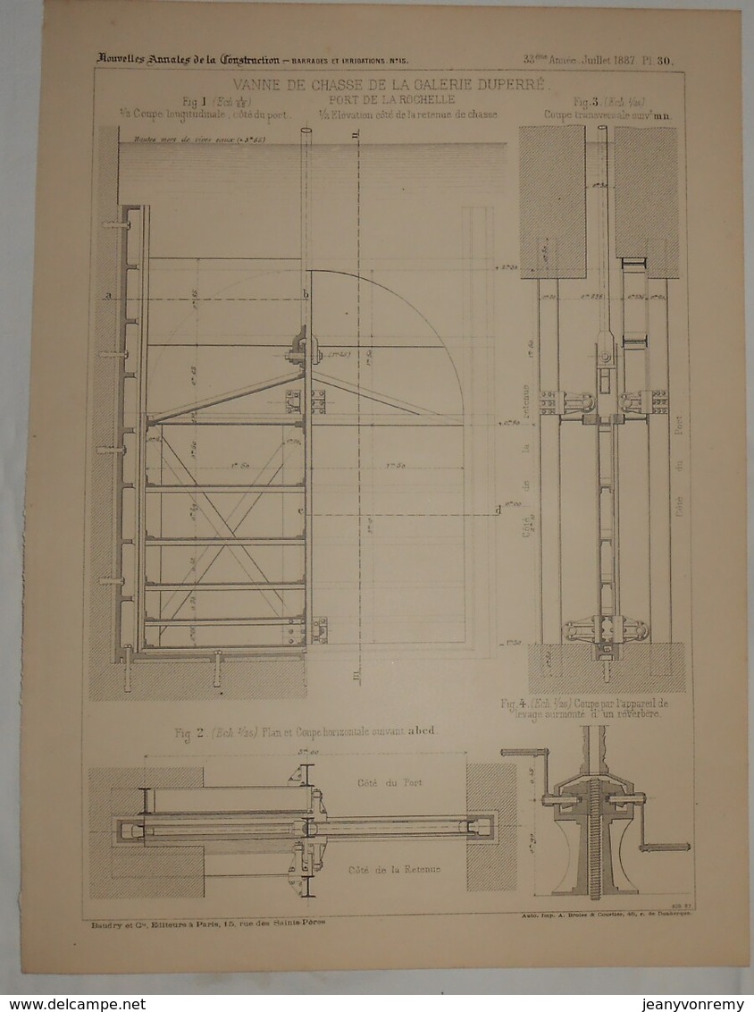 Plan De La Vanne De Chasse De La Galerie Duperré. Port De La Rochelle. 1887. - Travaux Publics