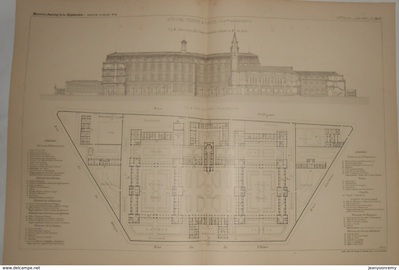 Plan De L'Hôpital Tenon à Paris. 1887. - Travaux Publics