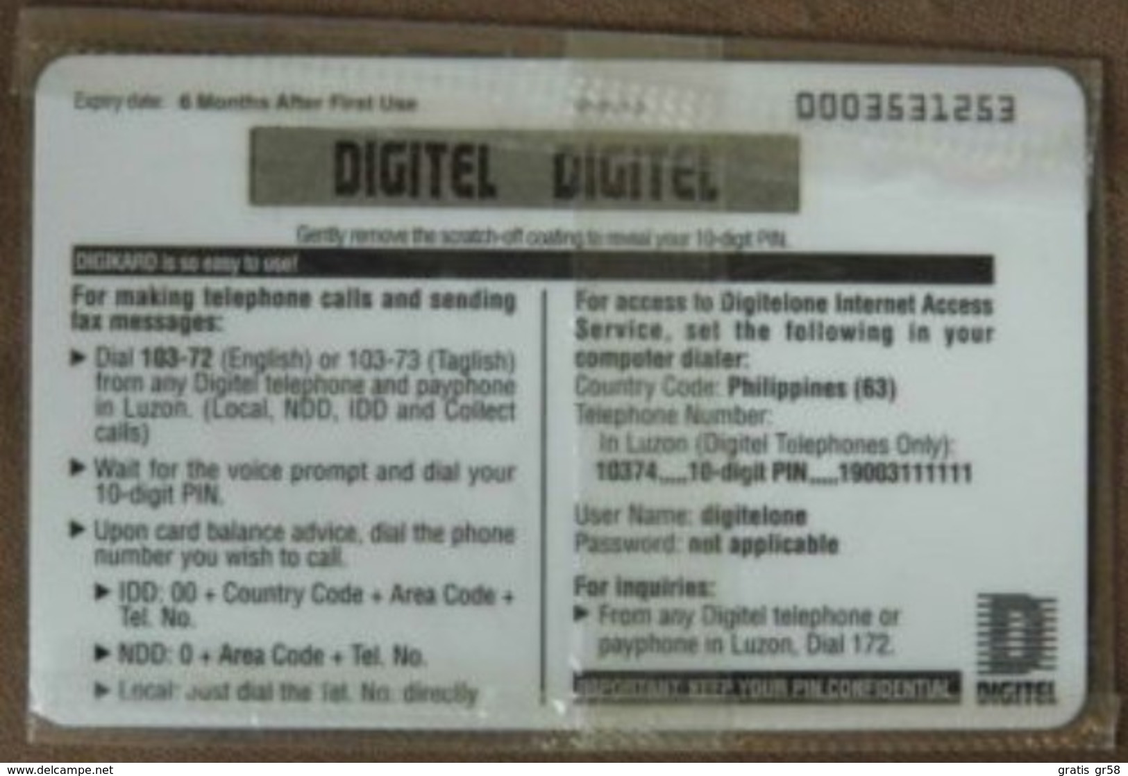Philippines - Digikard, Remote Memory, Voice / Fax / Internet, Mint Unused NSB - Filipinas