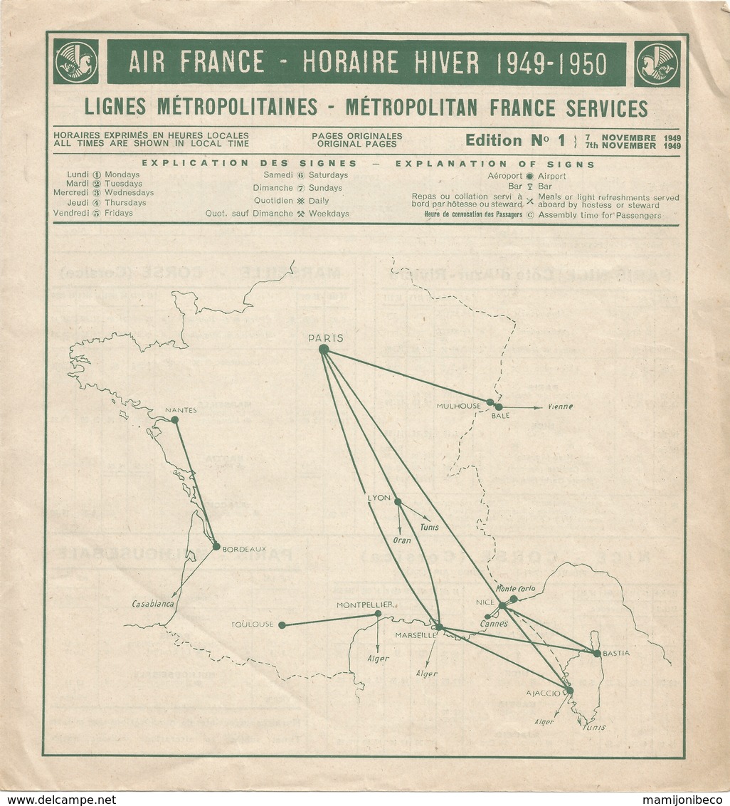 Hiver 1949 - 50 AIR FRANCE  Lignes Métropolitaines 4 Pages Format  21 X 23,5 Cm - Timetables