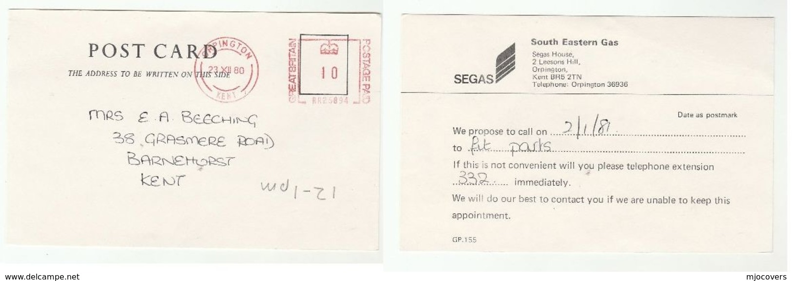 1980 Orpington GB SOUTH EASTERN GAS Card Meter Stamps Cover Energy Postcard - Gaz