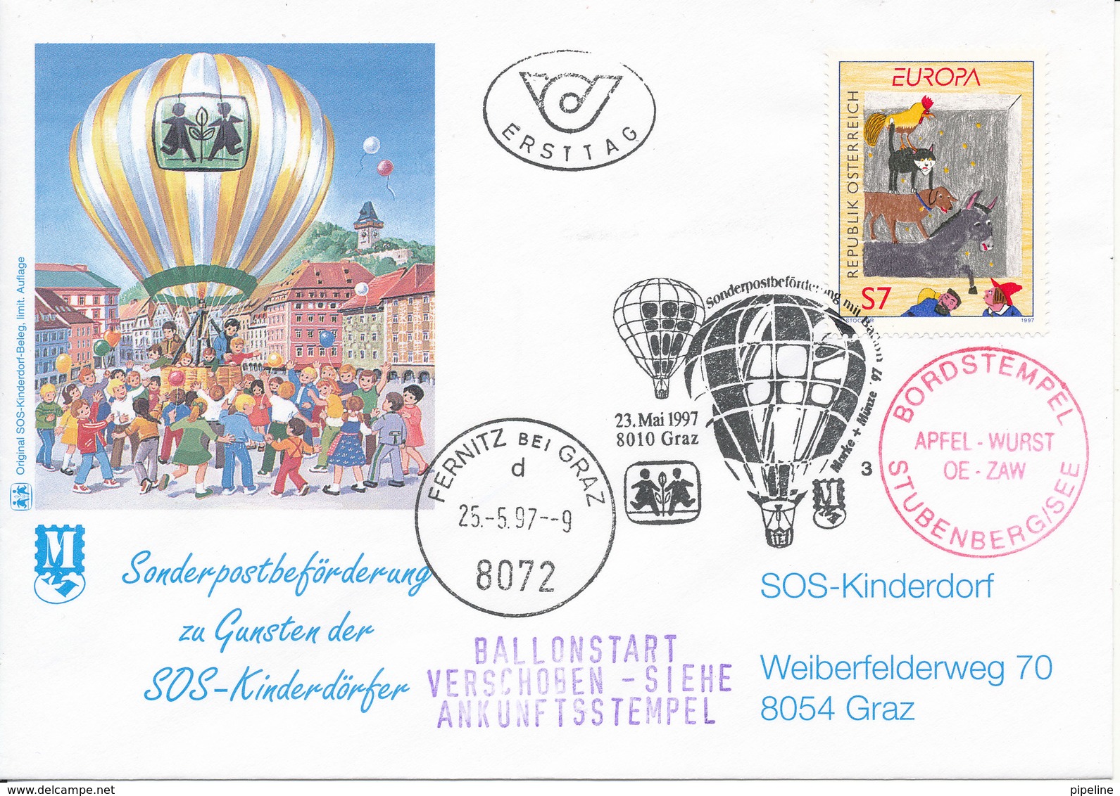 Austria FDC 23-5-1997 EUROPA CEPT With Cachet SOS Kinderdorf Sent With Balloon - 1997