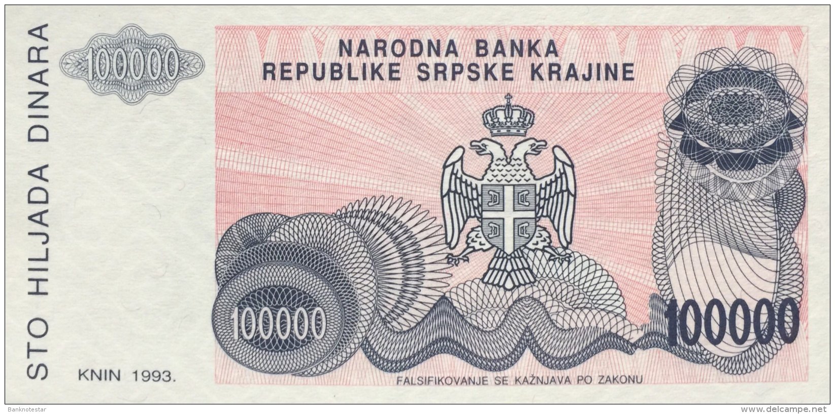 Croatia 100.000 Dinara, P-R22a (1993) NO SERIAL NUMBER - UNC - Croatia