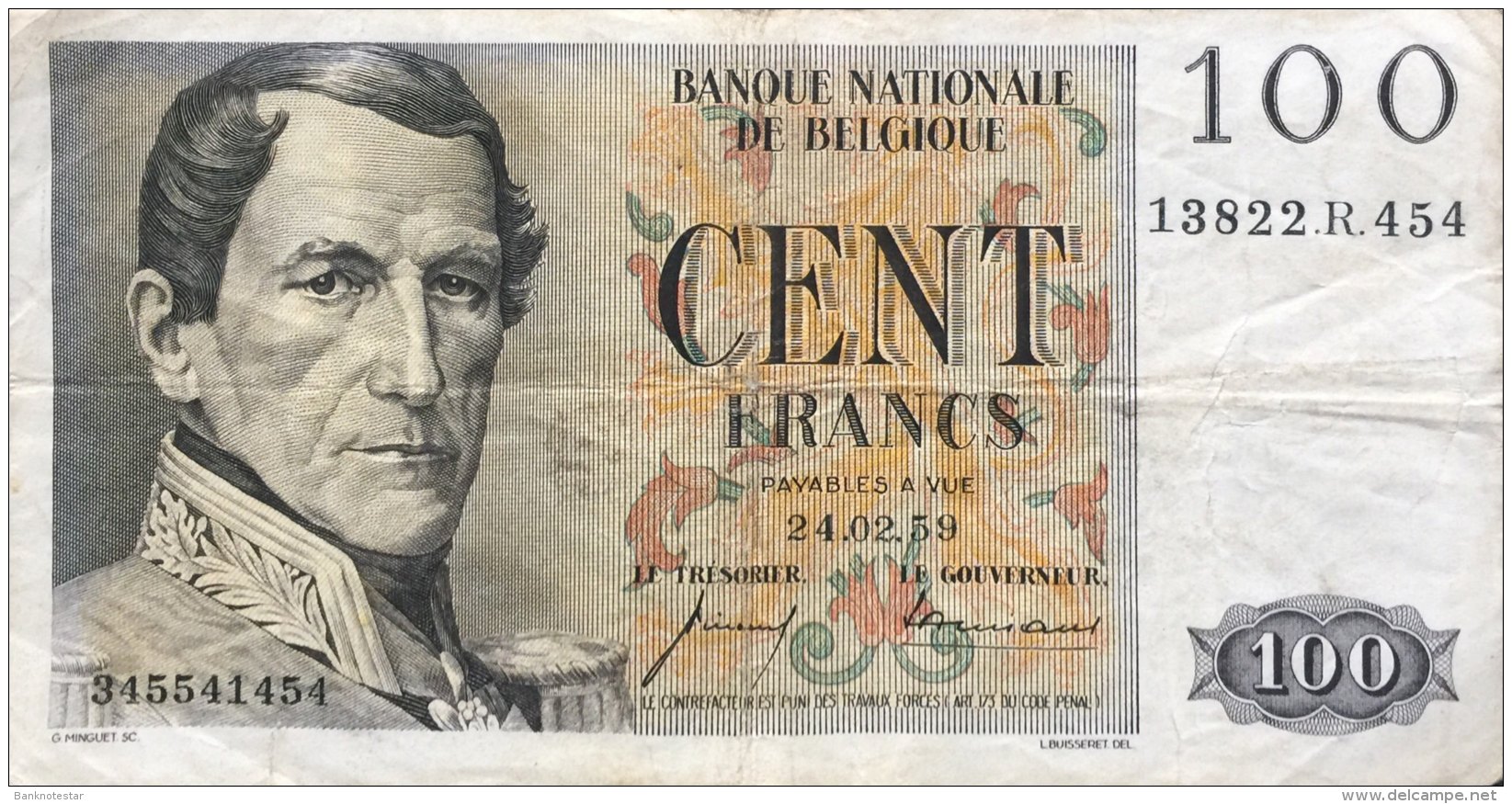 Belgium 100 Francs, P-129c (24.2.1959) - FINE - 100 Francs