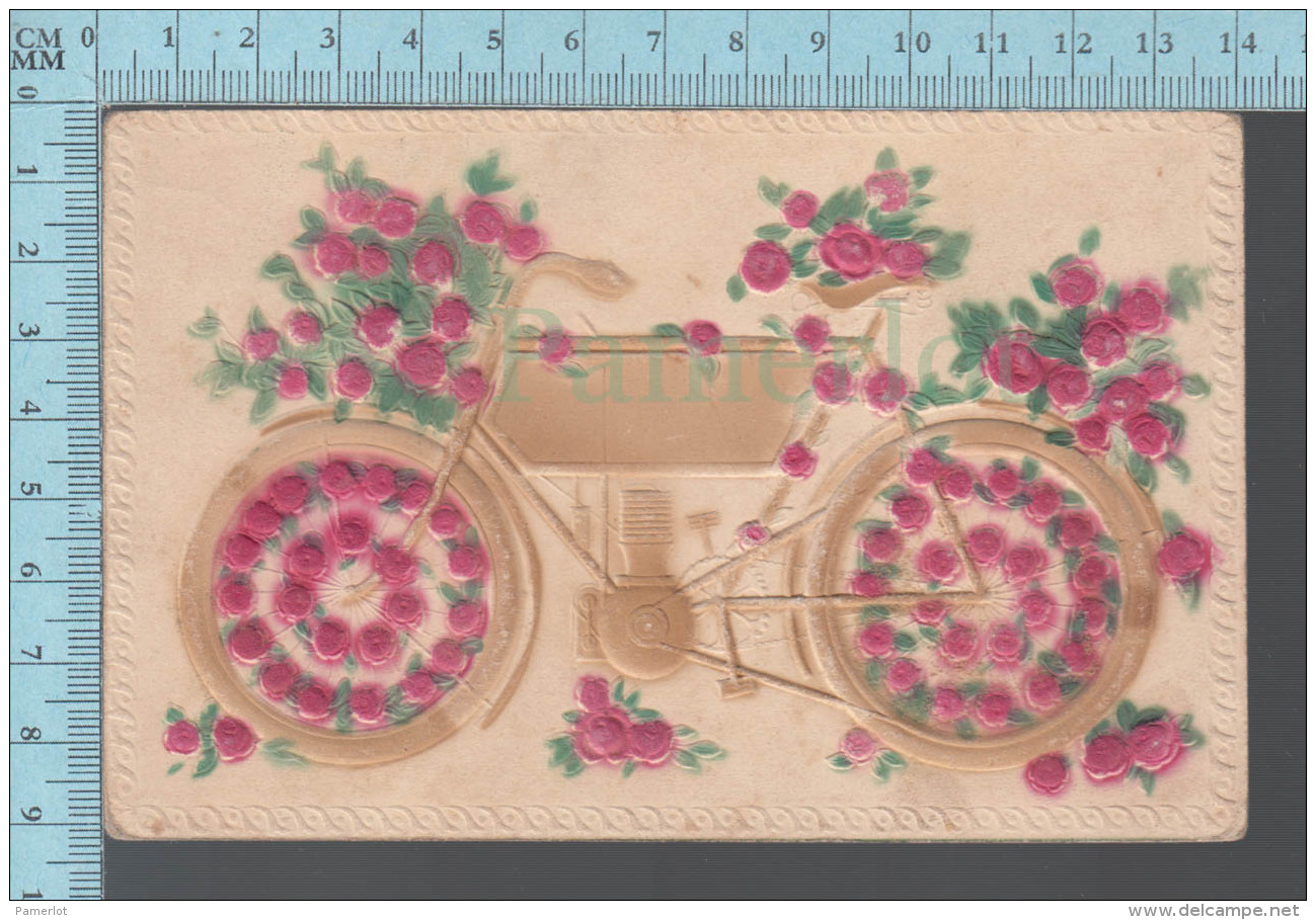 Germany, CPA Embossed Flowers And Earlier Motor Bicycle -  Postcard Carte Postale - Motos