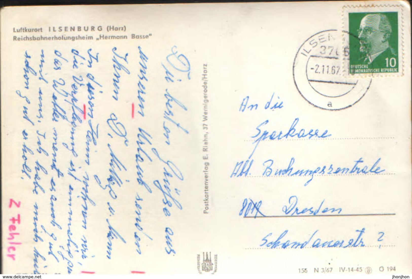 Germany - Postcard Used 1967 - Ilsenburg - Reichsbahn Holiday Home "Hermann Basse" - 2/scans - Ilsenburg