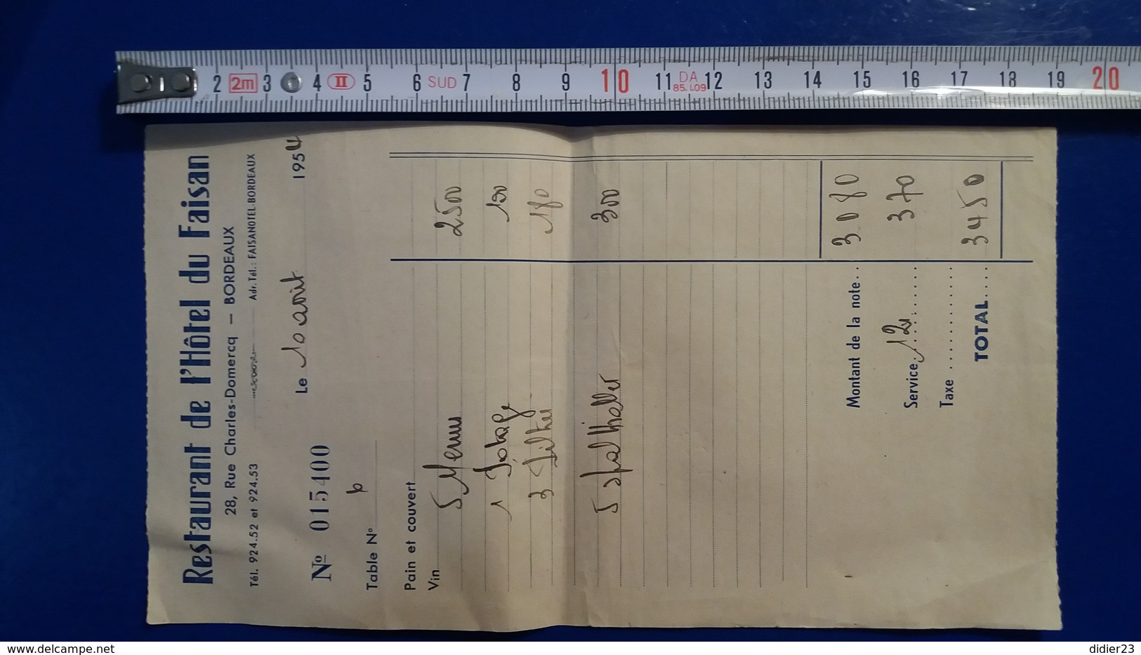 FACTURE RESTAURANT  HOETL DU FAISAN BORDEAUX 1954 - Invoices