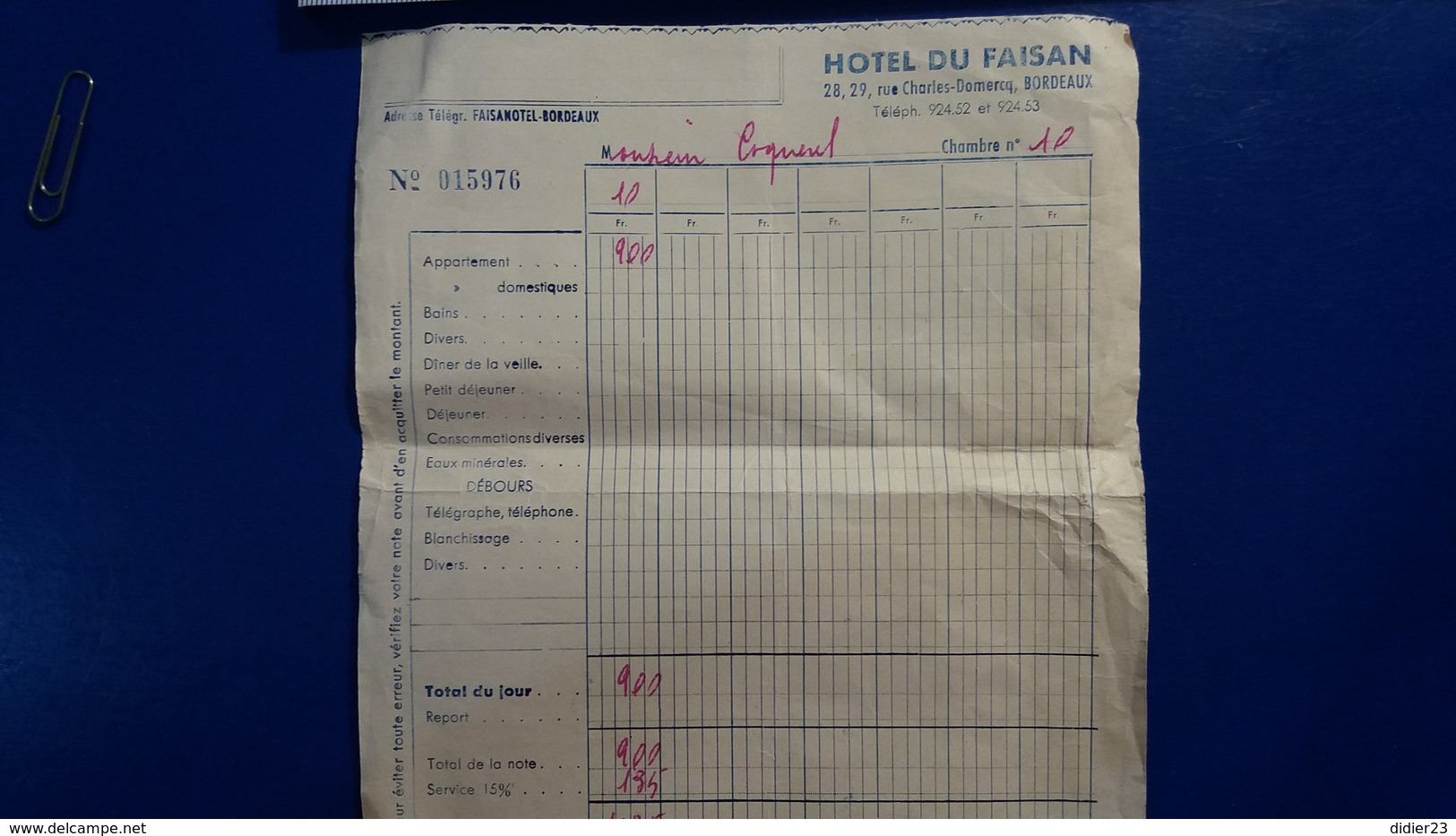 FACTURE HOTEL DU FAISAN BORDEAUX - Rechnungen