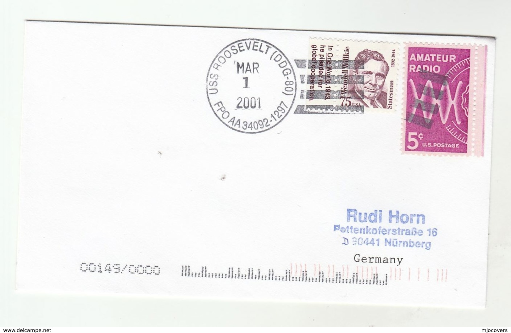 2002 USS ROOSEVELT DDG-80 Cover  FPO AA 34092 1297  USA Navy Ship Radio Wendell Willkie 1943 WII Speach Stamps - Ships