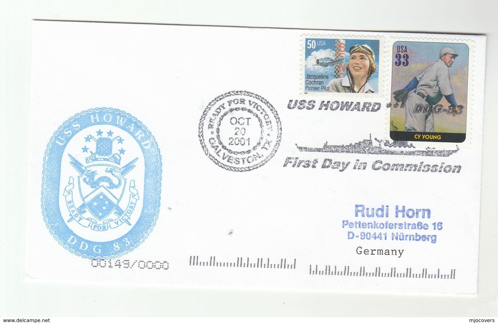 2001 USS HOWARD DDG-83 Commissioning Day Cover Galverston  USA Navy Ship Cy Young Baseball Sport Stamps - Ships