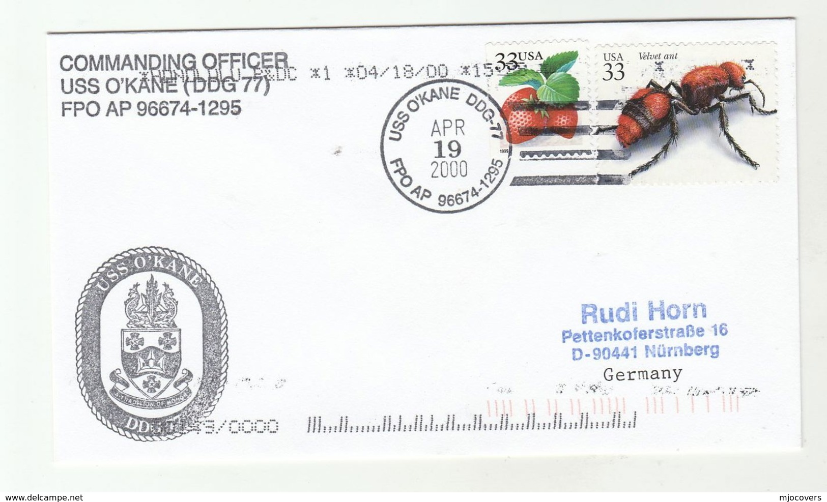 2000 USS O'KANE DDG-77 Cover FPO AE 96674-1295 Honolulu USA Navy Ship Ant Insect Strawberry Fruit Stamps - Ships