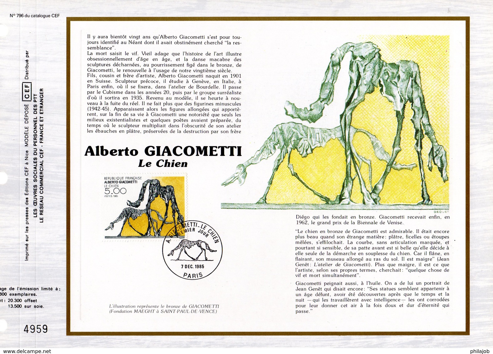 " LE CHIEN D'ALBERTO GIACOMETTI " Sur Feuillet CEF 1er Jour De 1985 N° YT 2383 En Parfait état ! - Non Classés