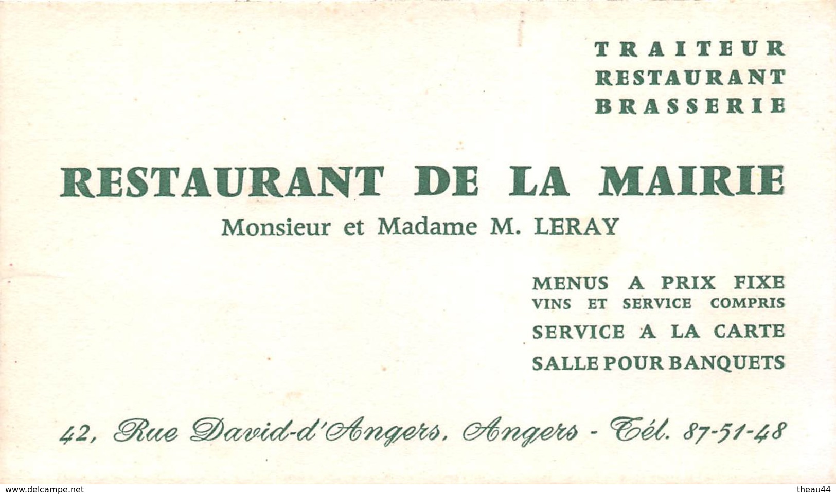 ANGERS  -  Carte De Visite Du Restaurant De La Mairie Mr Et Mme "LERAY" , 42 Rue David-d'Angers - Voir Description - Angers