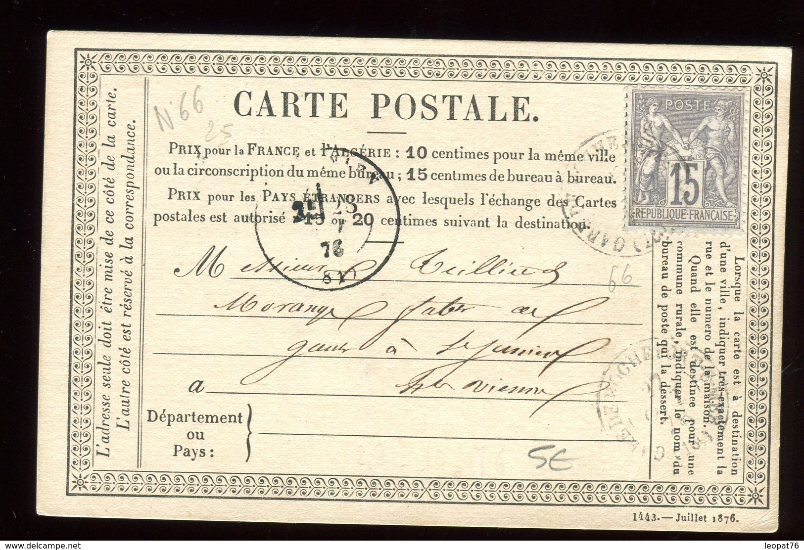 Carte Précurseur De Rochefort Pour St Junien En 1876 - Precursor Cards