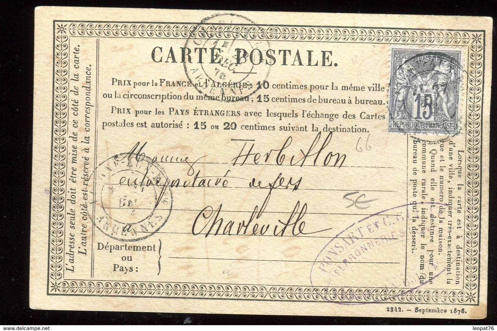 Carte Précurseur De Vrigne Aux Bois Pour Charleville En 1876 - Precursor Cards